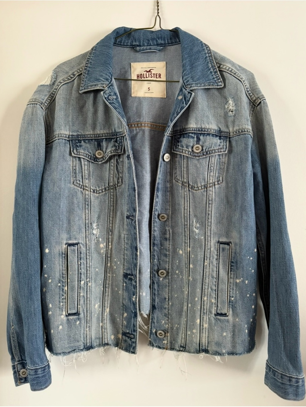 Hollister Distressed Paint-Splatter Denim Jacket Sz Small Oversized Grunge